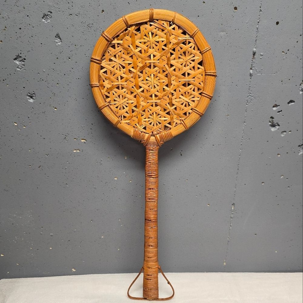 Vintage woven rug beater hanging wall decor handmade rustic bamboo rattan